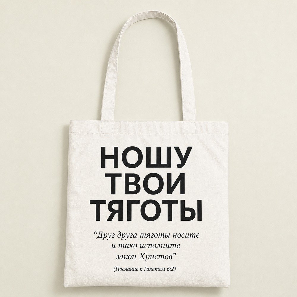 Balto medvilninio krepšio „НОШУ ТВОИ ТЯГОТЫ“ koncepcija iš priekio; ne pagaminto gaminio nuotrauka.
