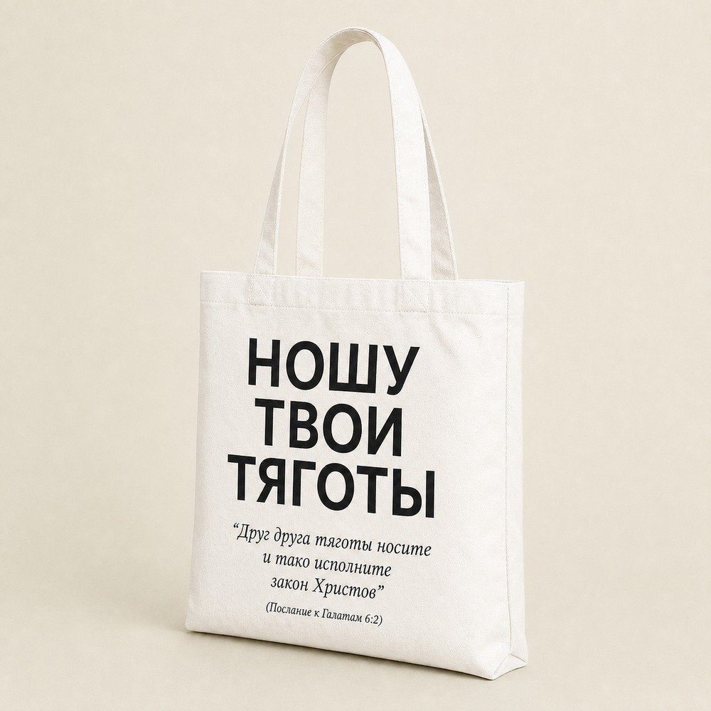 Balto medvilninio krepšio „НОШУ ТВОИ ТЯГОТЫ“ koncepcija trijų ketvirčių kampu; ne pagaminto gaminio nuotrauka.